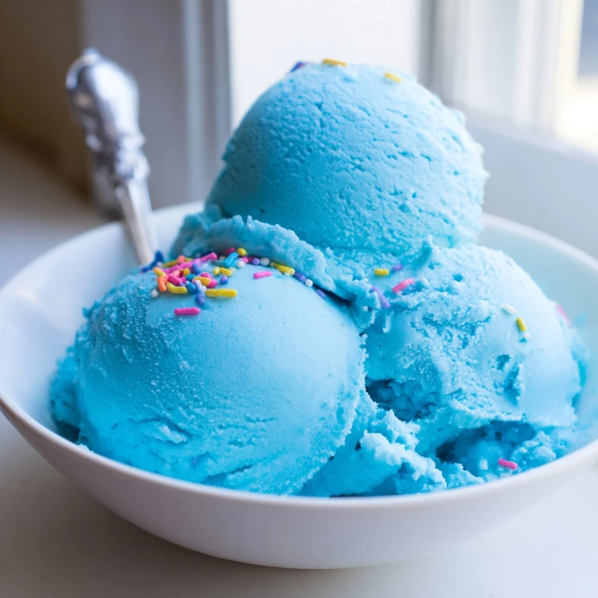 Creamy blue moon ice cream scooped into a waffle cone with colorful sprinkles