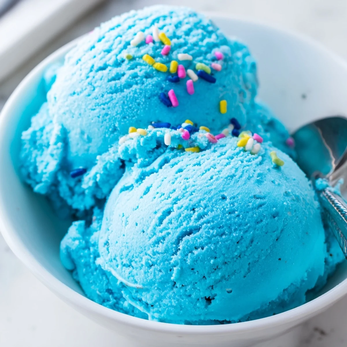 Vibrant blue moon ice cream swirled in a bowl showing smooth velvety texture