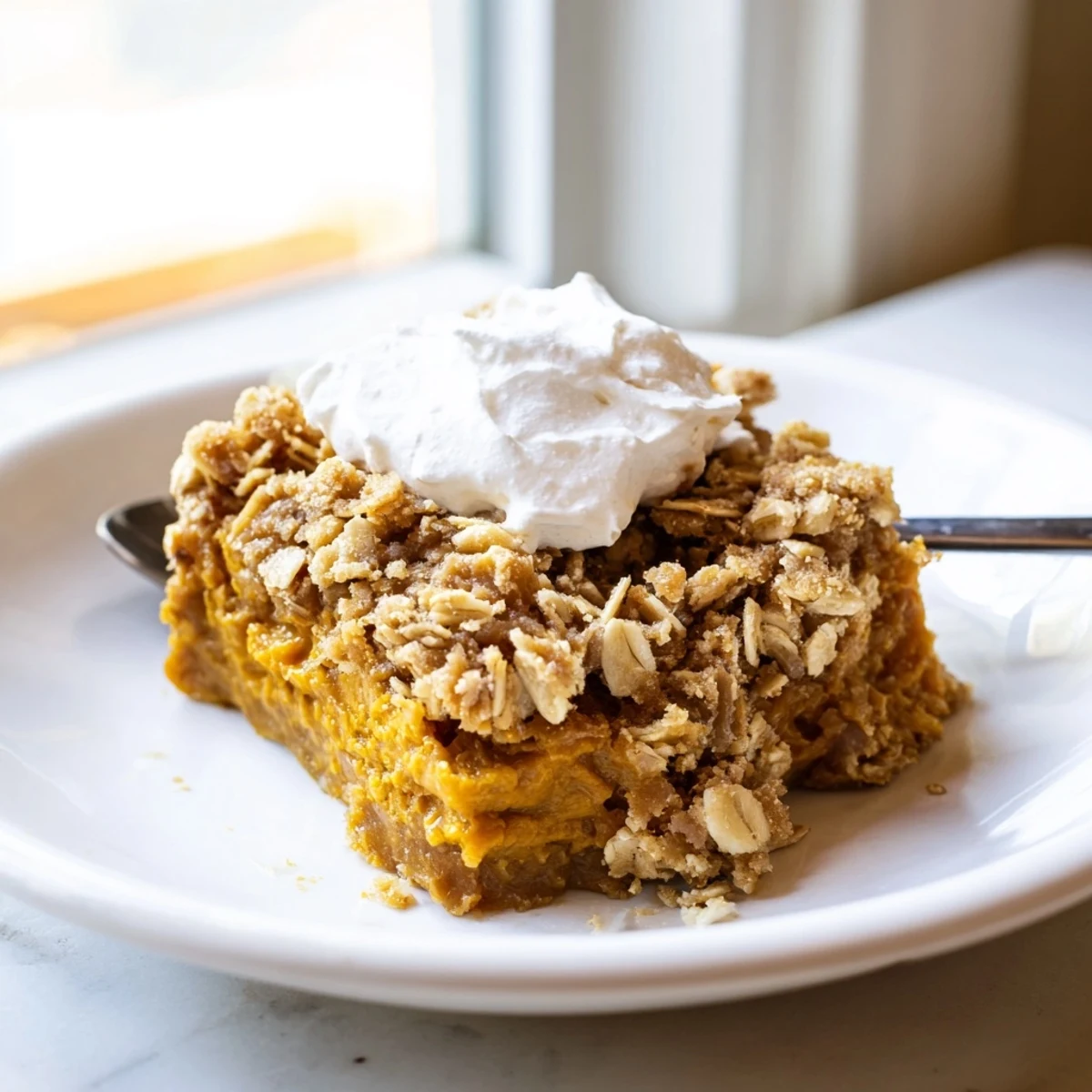 Warm pumpkin pie crisp with golden oat crumble served in a rustic baking dish