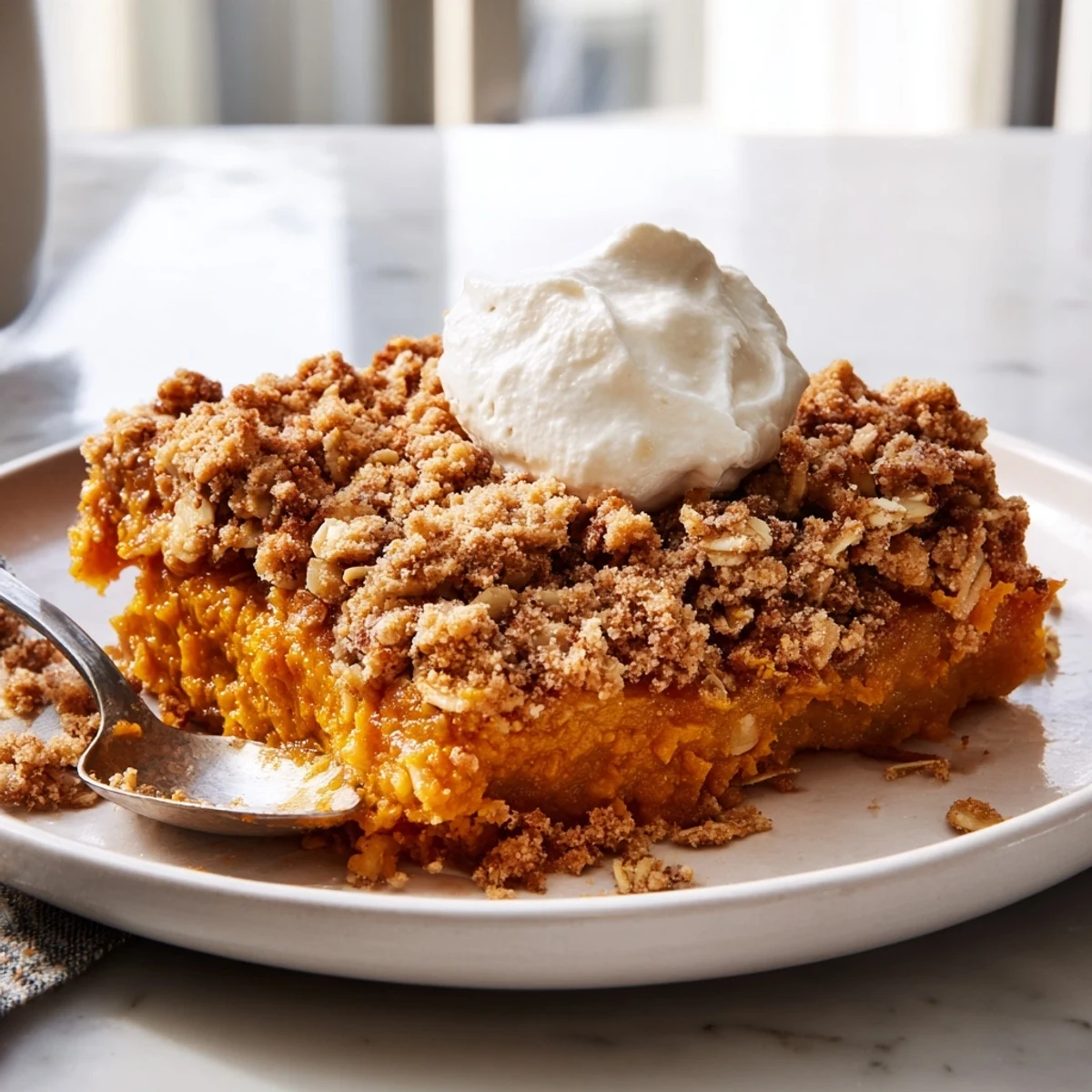 Creamy spiced pumpkin pie crisp topped with buttery crumbles fresh from the oven