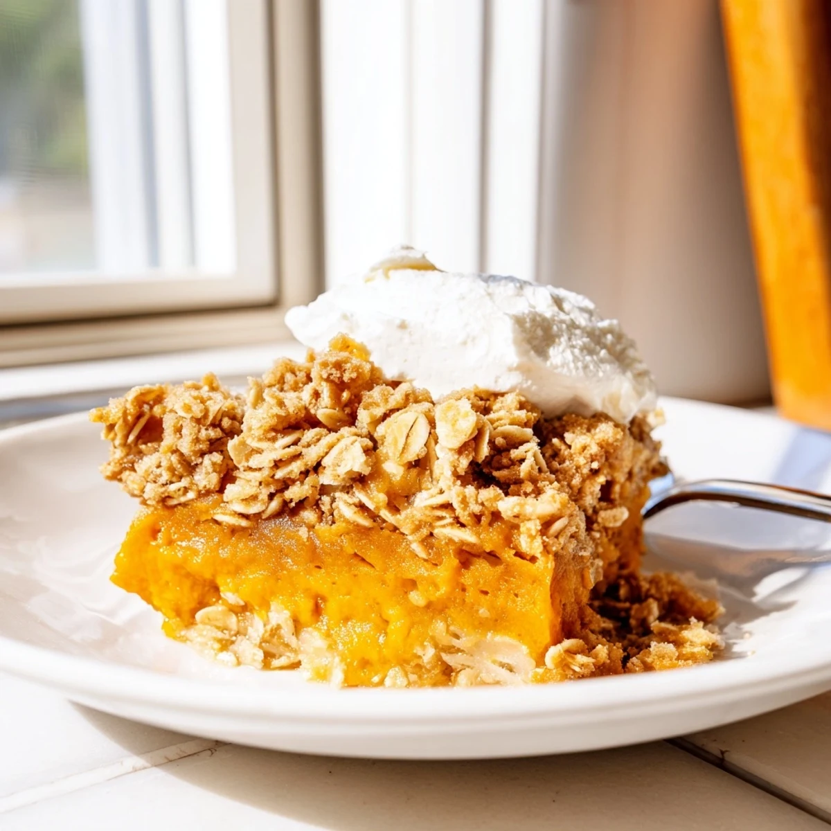 A scoop of vanilla ice cream melting over a warm pumpkin pie crisp slice