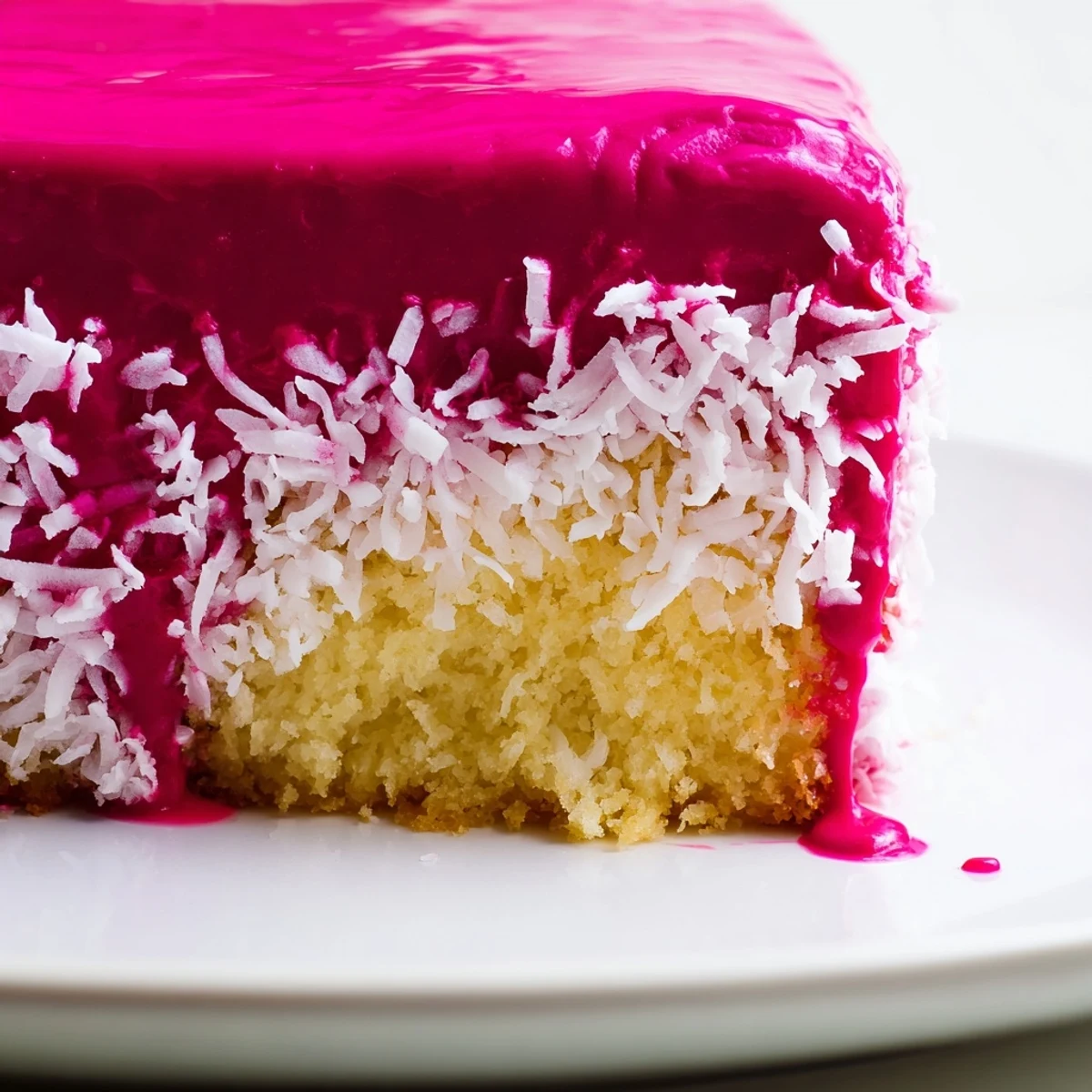 Bright pink Raspberry Lamingtons coated in coconut on a white serving plate