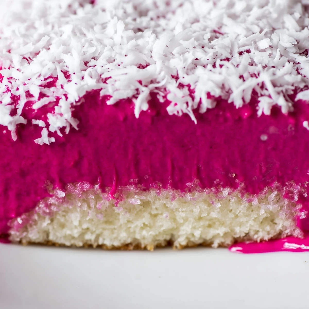 Golden sponge squares dipped in raspberry icing and rolled in fluffy coconut