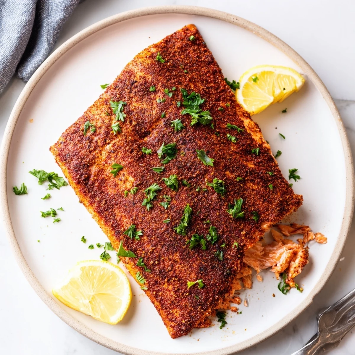 Golden oven baked Cajun salmon fillets coated in spicy seasoning on a parchment-lined baking sheet