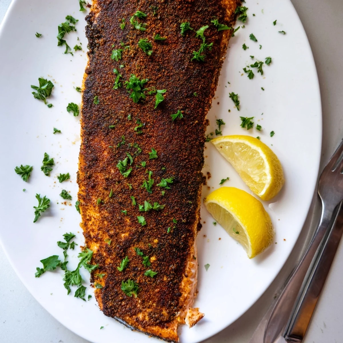 Perfectly flaked oven baked Cajun salmon garnished with fresh parsley and bright lemon wedges