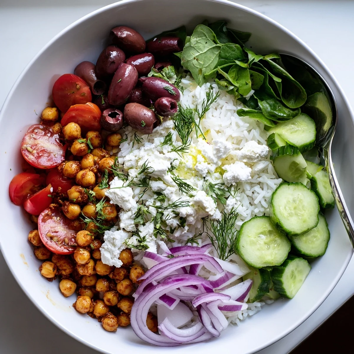Fluffy Mediterranean rice bowl drizzled with lemon dressing and loaded with vibrant toppings