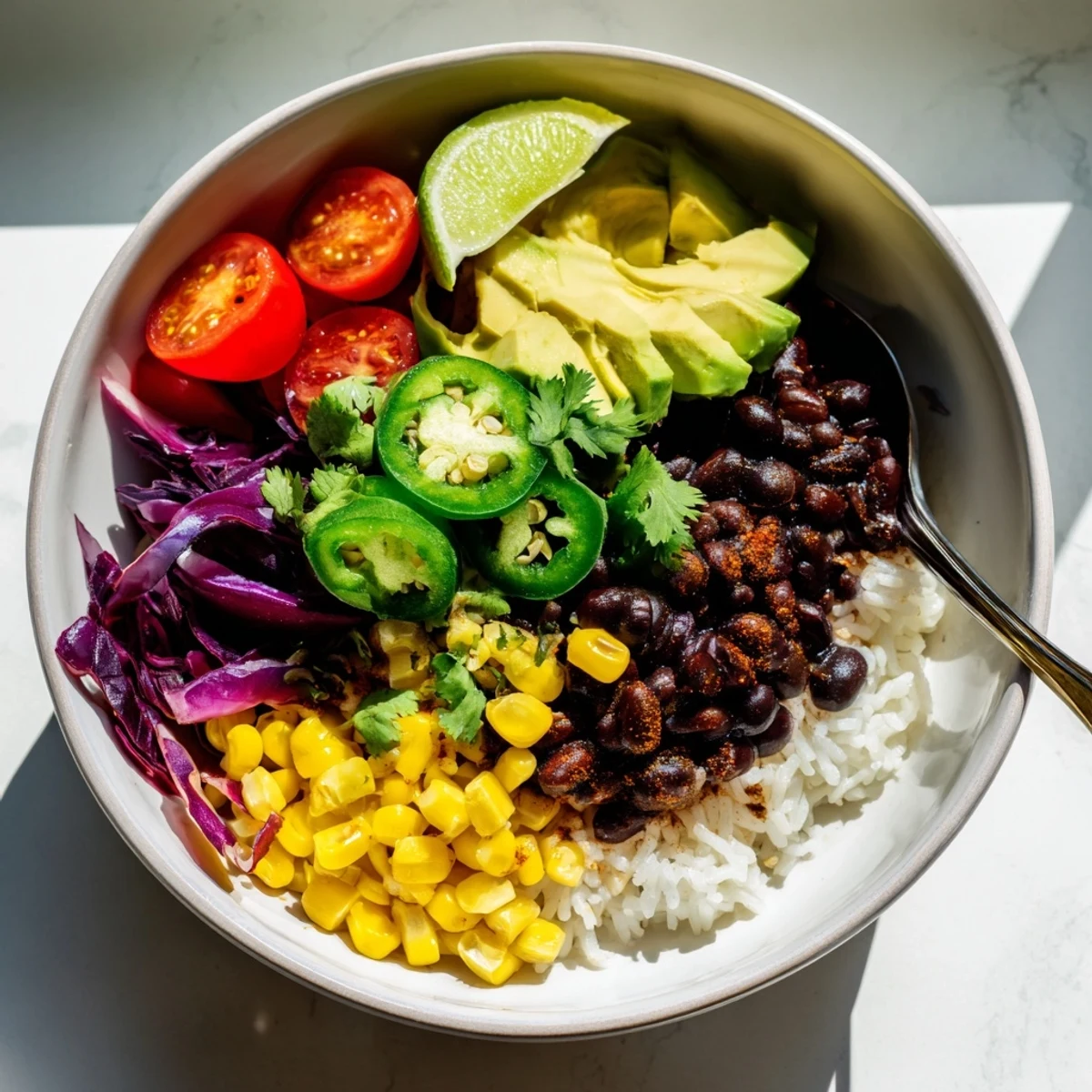 Colorful black bean and rice bowl topped with avocado, tomatoes, and fresh cilantro