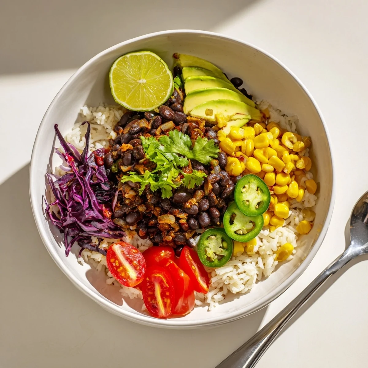 Steaming black bean and rice bowl garnished with shredded cabbage and lime wedges