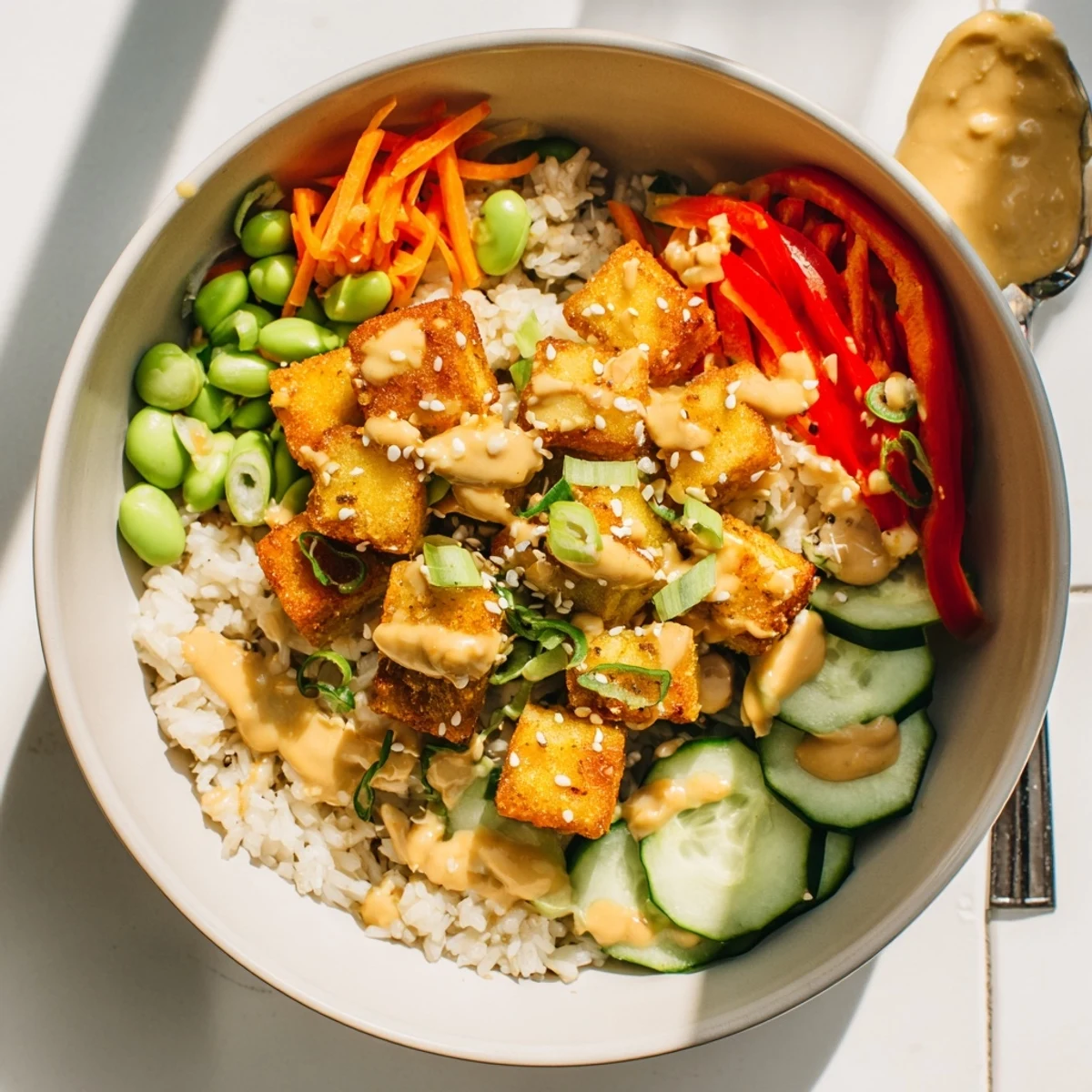 Crispy golden tofu rice bowl with peanut sauce drizzled over colorful fresh vegetables