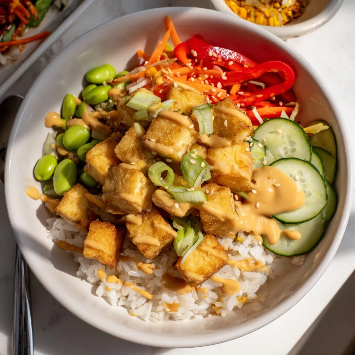 Tofu rice bowl with peanut sauce topped with sesame seeds and julienned carrots
