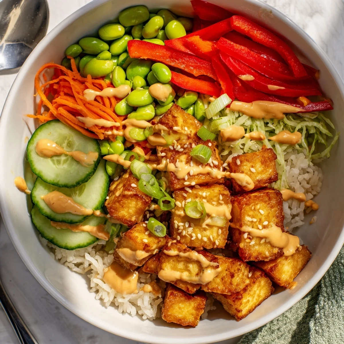 Steaming jasmine rice bowl with crispy tofu cubes and rich creamy peanut sauce