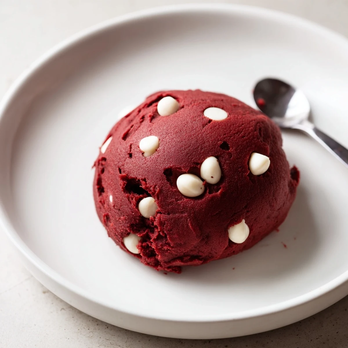 Creamy red velvet cookie dough speckled with white chocolate chips in a rustic bowl