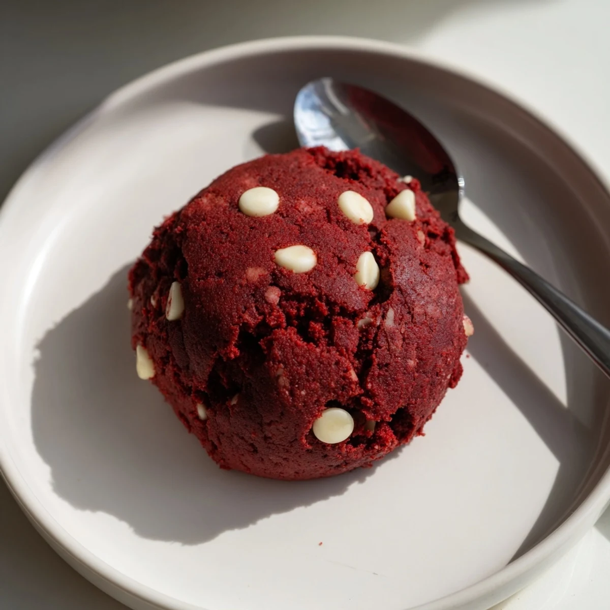 Rich crimson red velvet cookie dough swirled with melting white chocolate chunks served chilled