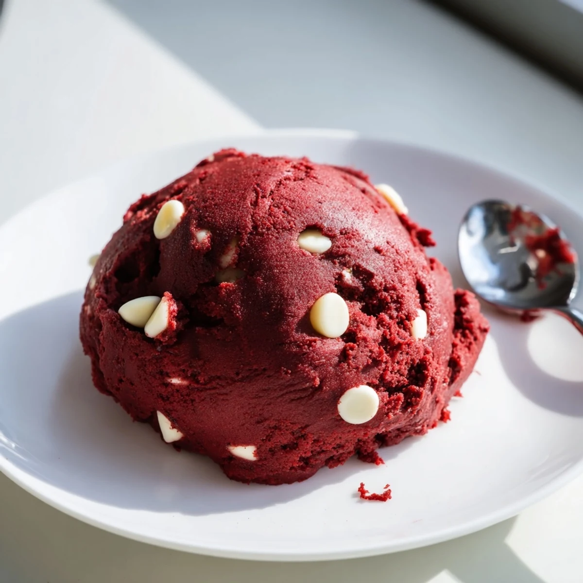Vibrant red edible cookie dough scooped into bite-sized balls atop a marble countertop