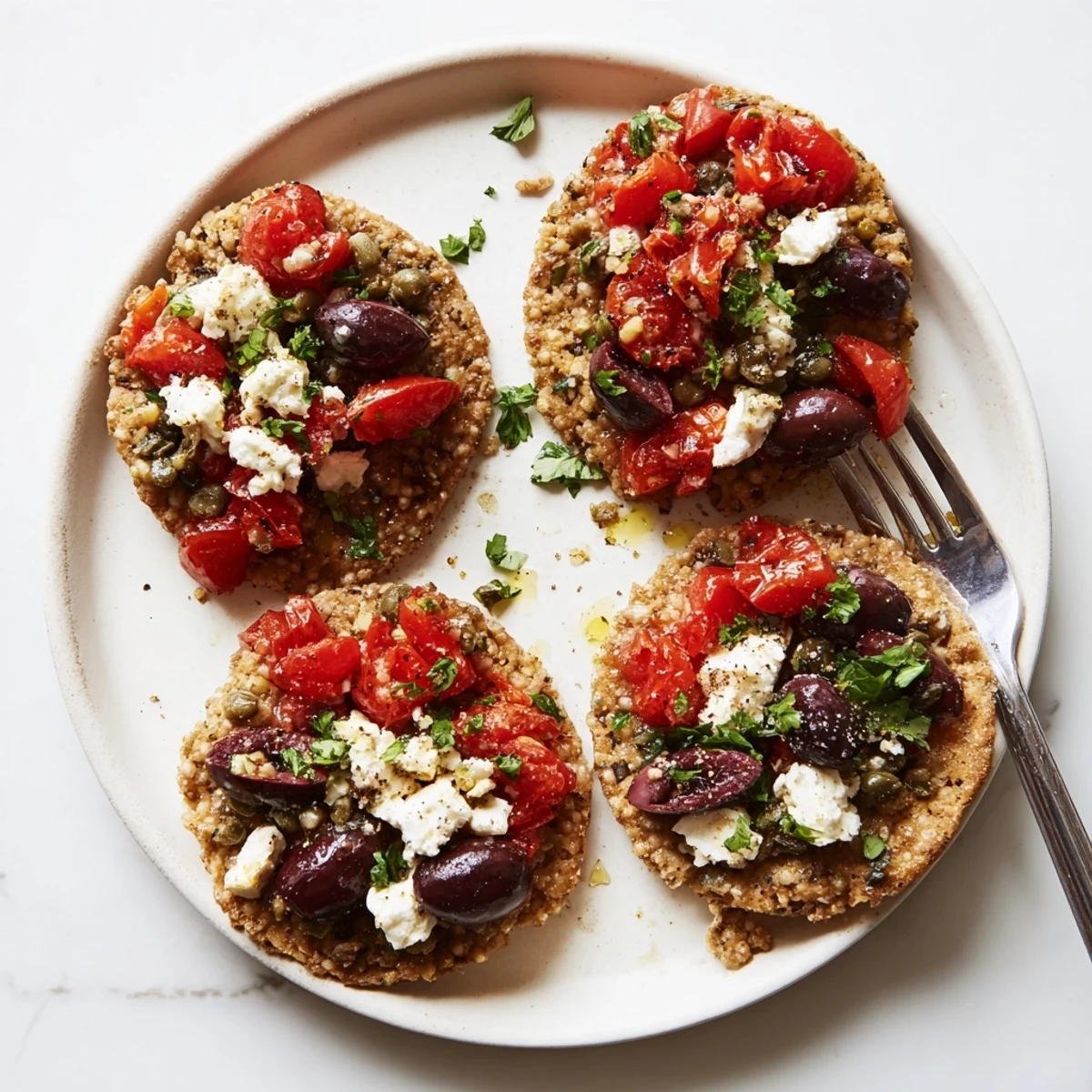 Crispy Cretan feta rusks topped with juicy tomatoes, crumbled feta, and kalamata olives