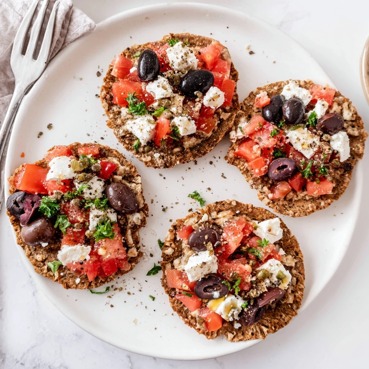Golden barley rusks loaded with creamy feta, oregano, and a drizzle of olive oil