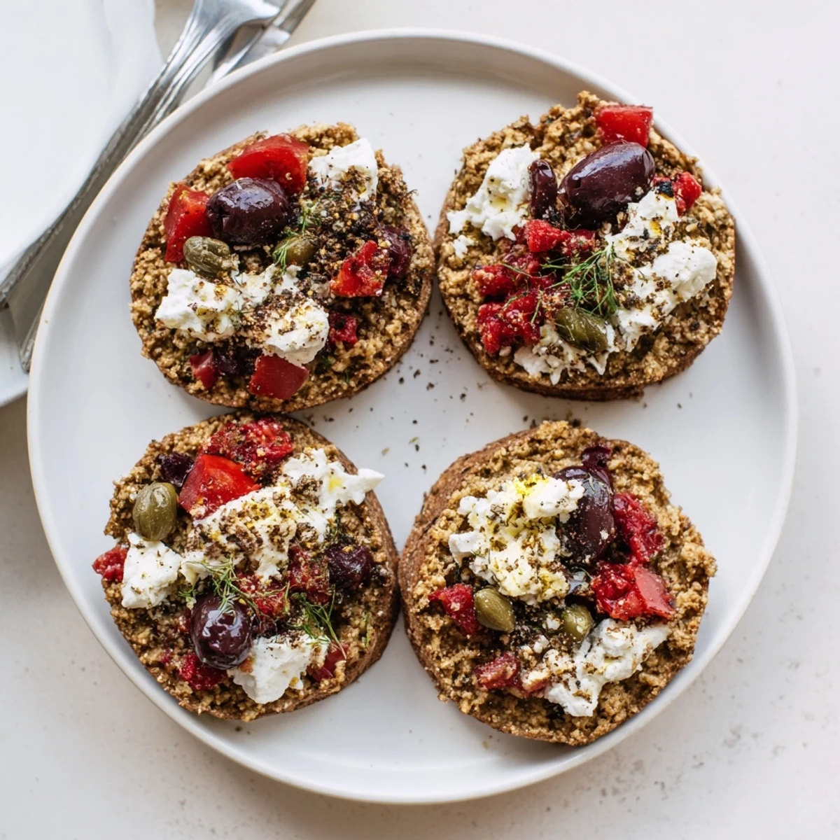 Crunchy Cretan feta rusks garnished with fresh parsley, diced tomatoes, and briny capers