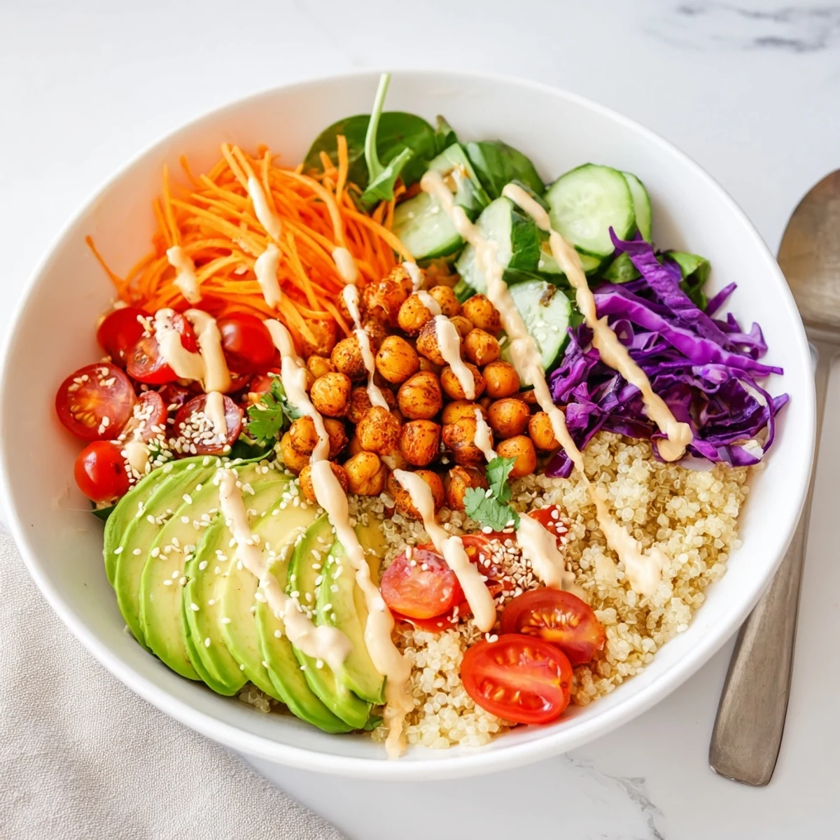Colorful Buddha Bowl with crispy roasted chickpeas, fresh vegetables, and creamy tahini dressing