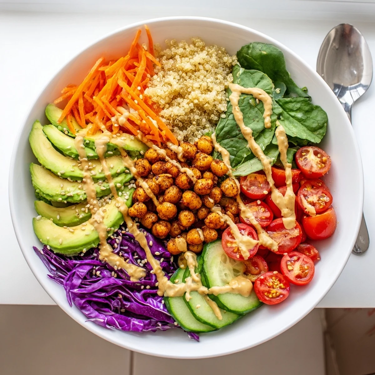 Vibrant Buddha Bowl featuring fluffy quinoa, sliced avocado, and rainbow vegetables drizzled with tahini