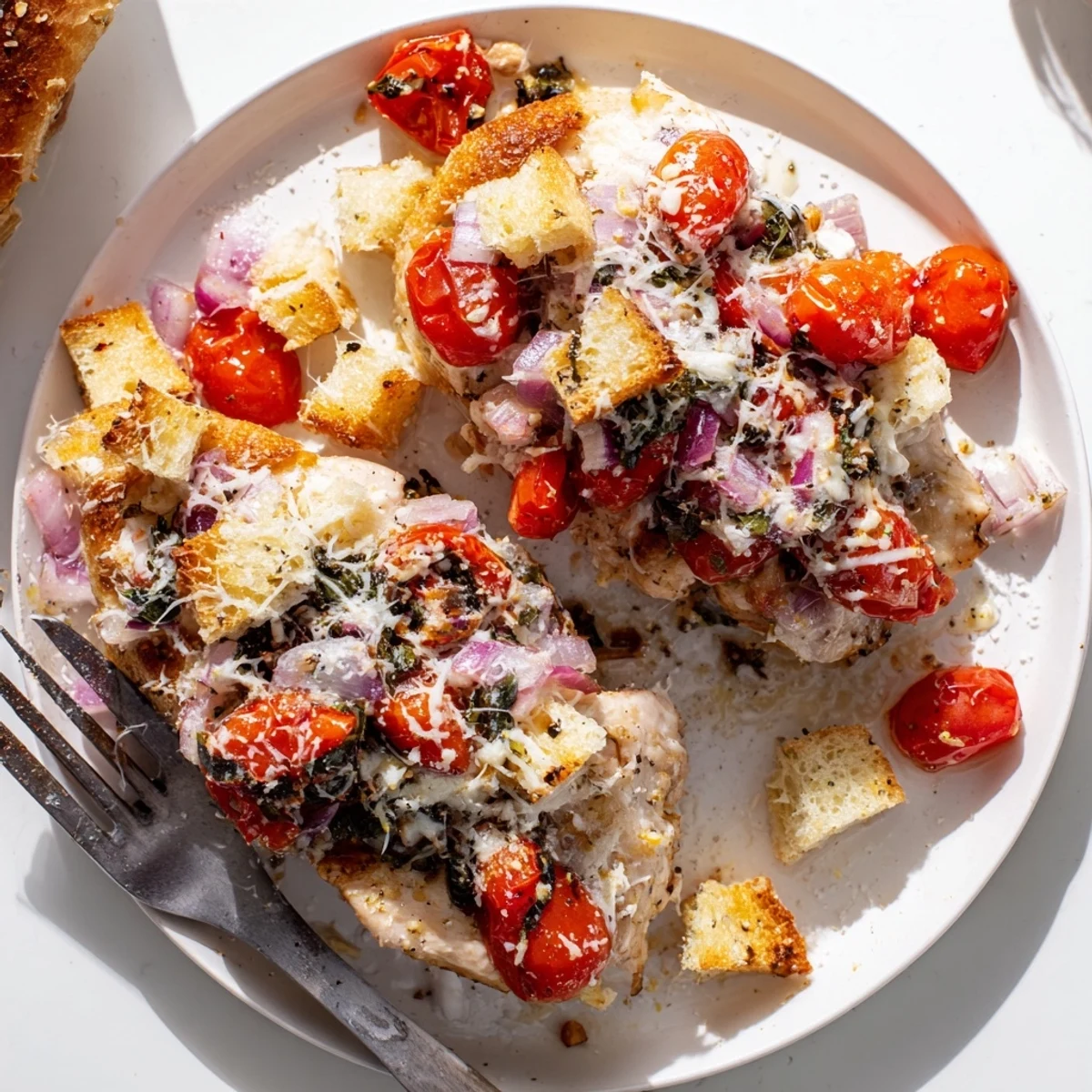 Bubbly chicken bruschetta casserole with juicy tomatoes garlic and crusty bread cubes