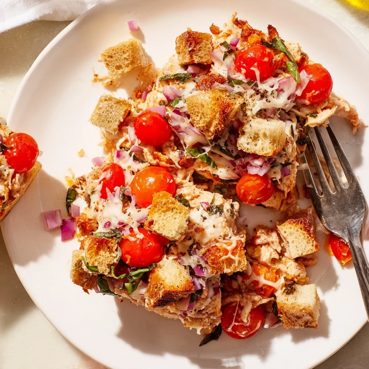 Golden baked chicken bruschetta casserole topped with melted mozzarella and fresh basil