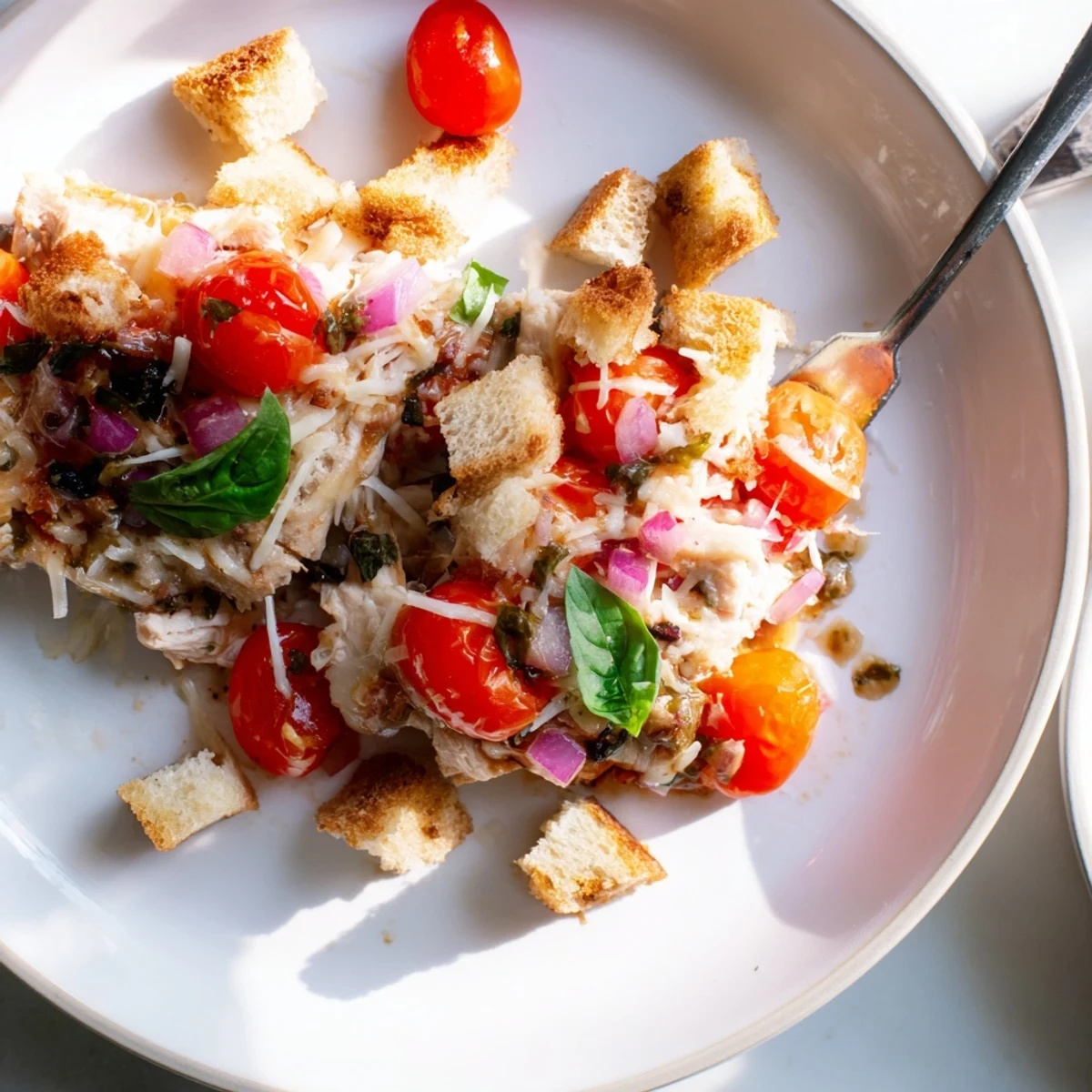 Tender chicken bruschetta casserole fresh from the oven with vibrant tomato basil topping