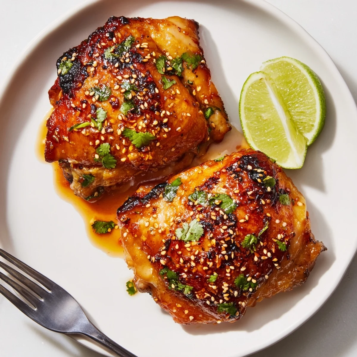Crispy sweet chili air fryer chicken thighs glazed and garnished with sesame seeds and cilantro
