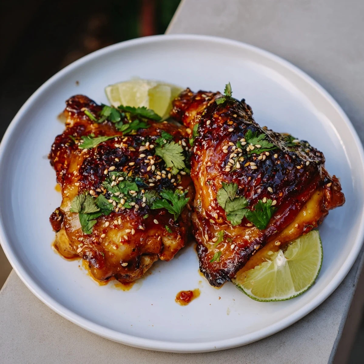 Juicy sweet chili air fryer chicken thighs served on a platter with lime wedges and fresh herbs