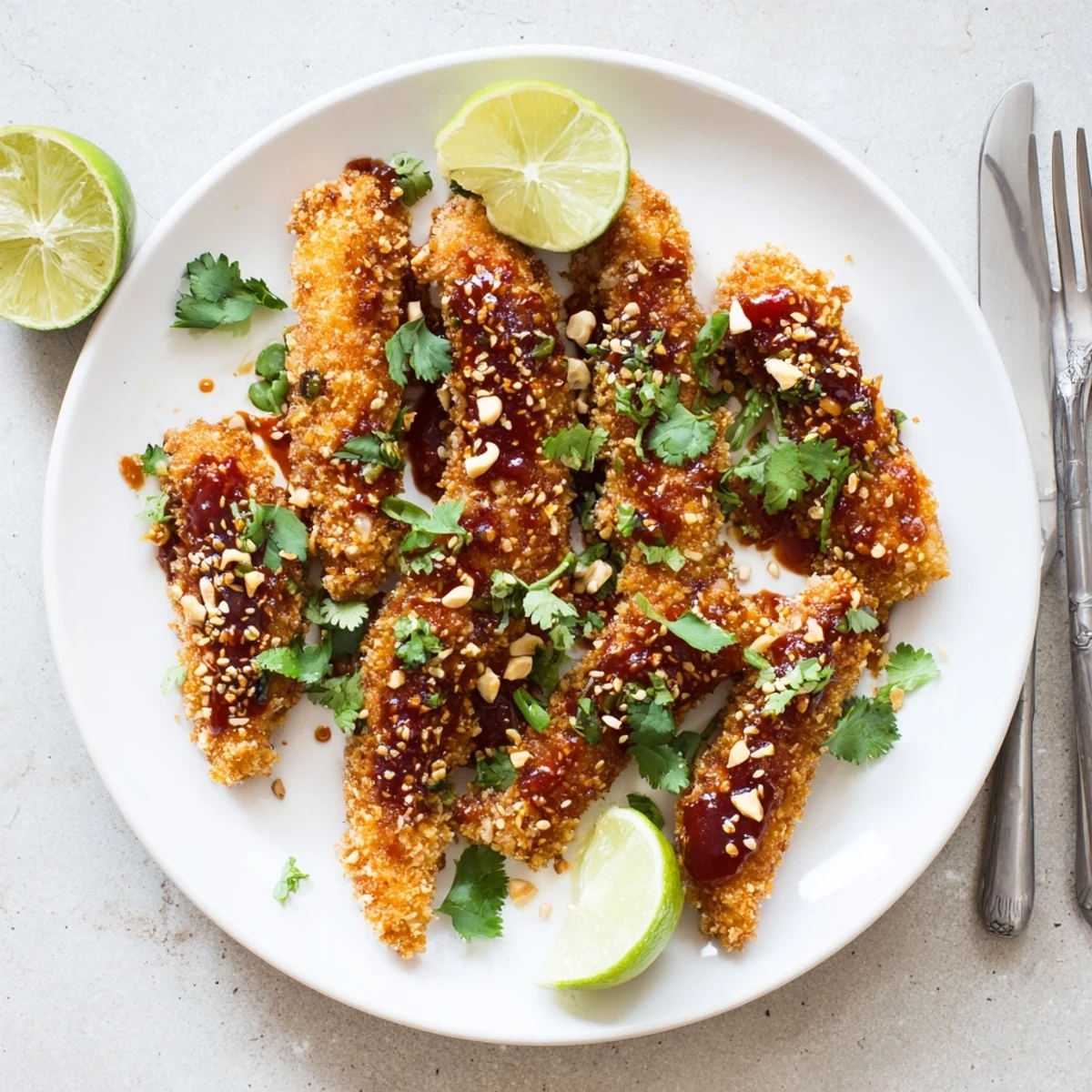 Crispy Thai sticky chicken fingers glistening with sweet chili glaze and sprinkled sesame seeds