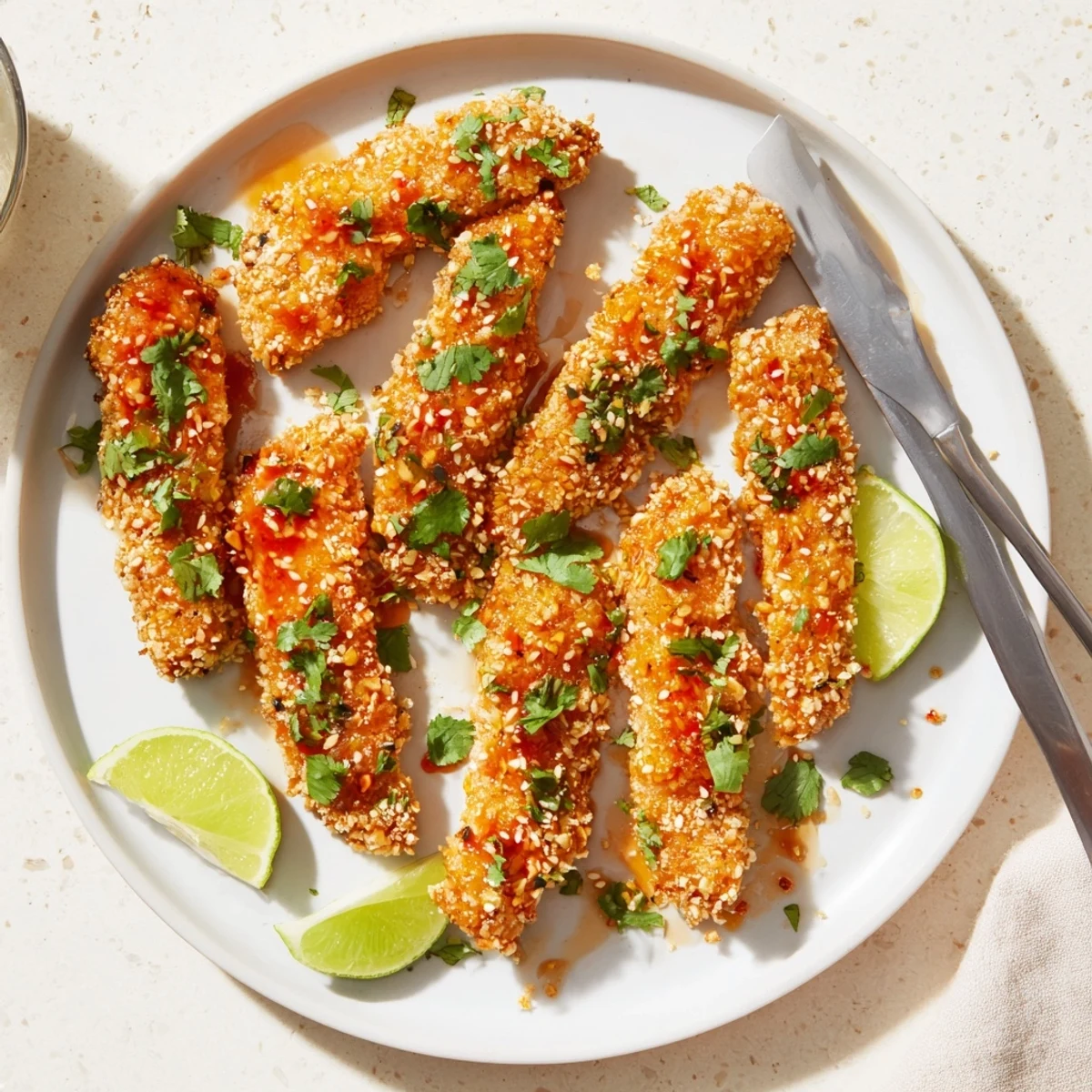 Golden panko-crusted Thai sticky chicken fingers drizzled with spicy tangy sauce on a platter