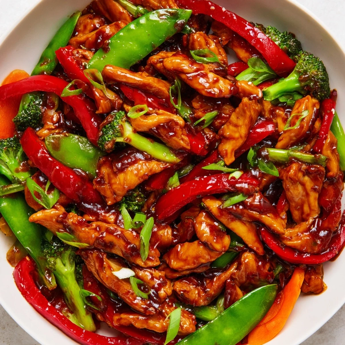 Sizzling Hunan Chicken with colorful bell peppers and broccoli in a spicy garlic chili sauce