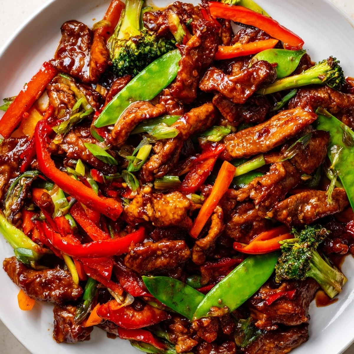Tender sliced Hunan Chicken tossed with crisp snow peas and carrots in a wok