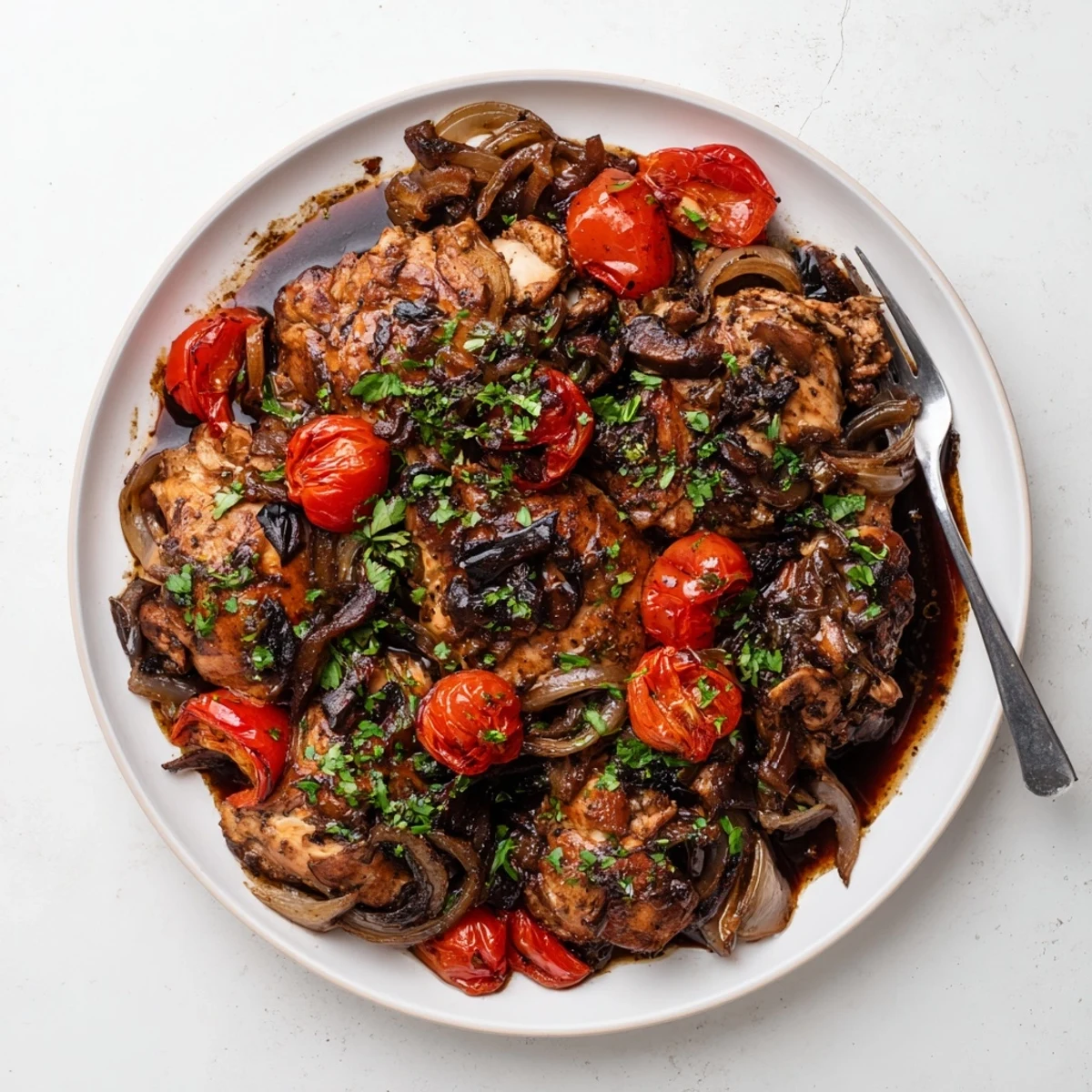 Slow Cooker Balsamic Chicken simmering alongside colorful bell peppers onions and cherry tomatoes