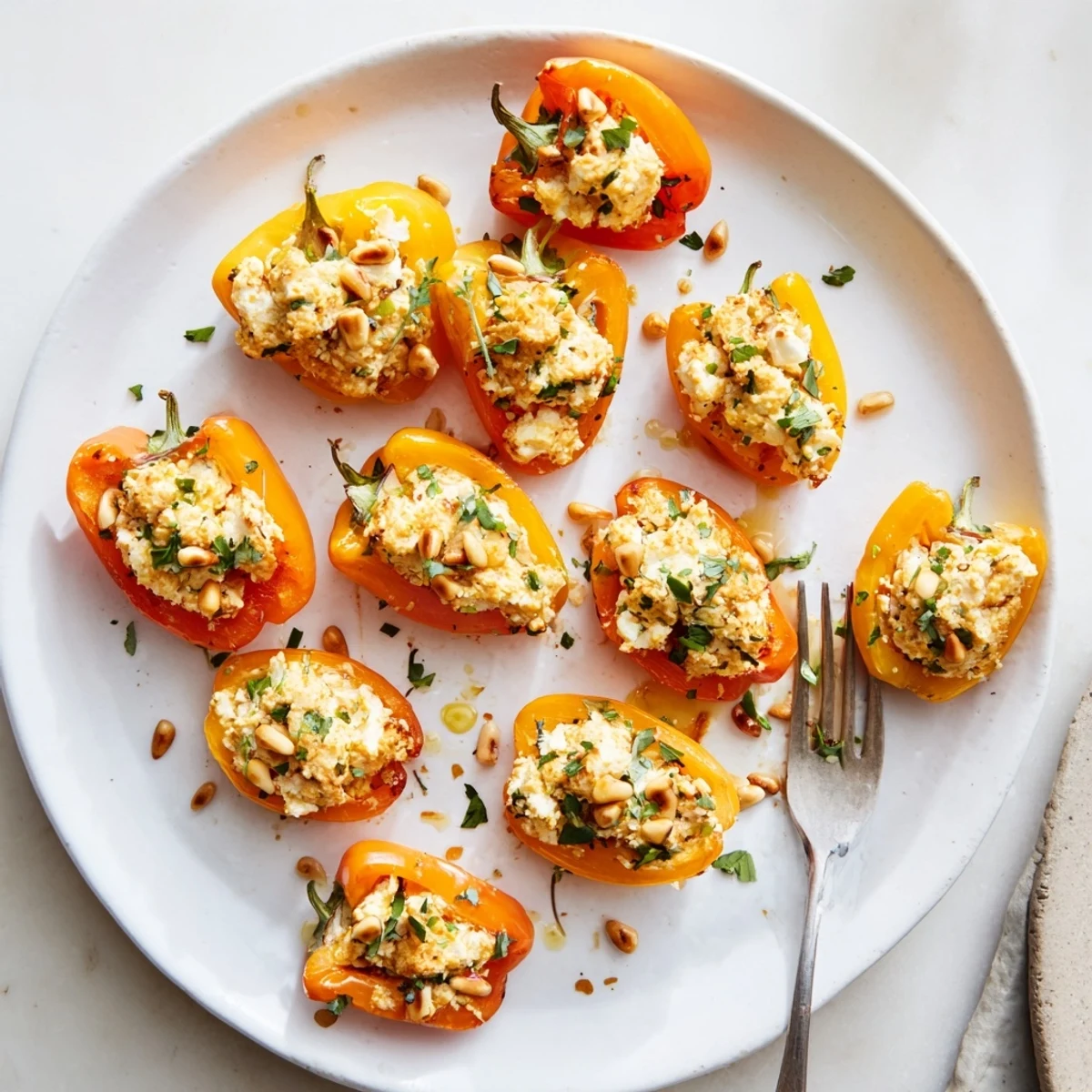 Roasted goat cheese stuffed mini peppers glistening golden on a parchment-lined baking sheet