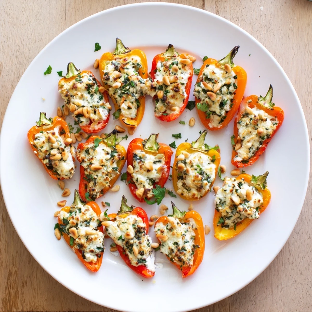 Roasted goat cheese stuffed mini peppers topped with toasted pine nuts and fresh herbs