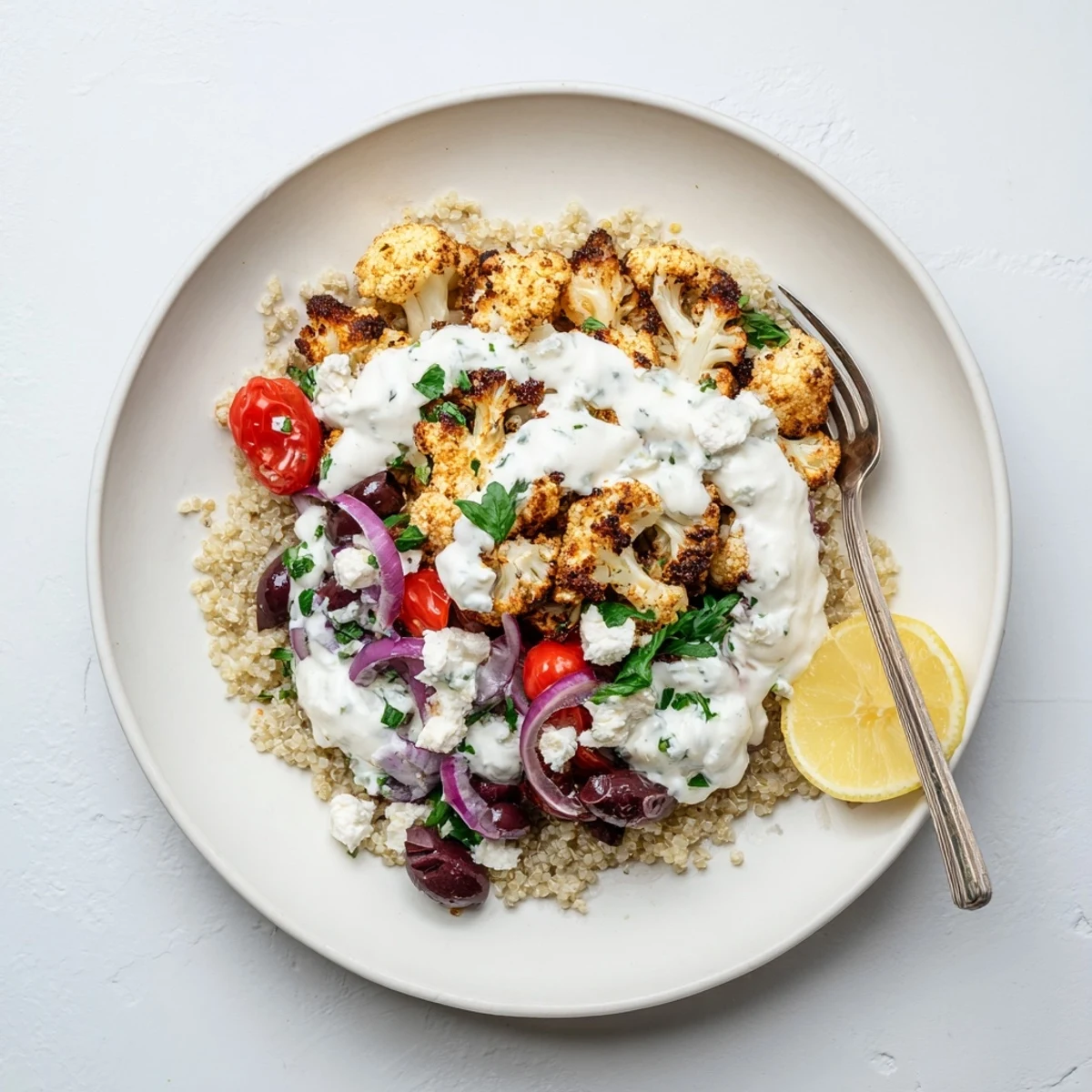 Golden roasted Greek cauliflower bowl drizzled with creamy tzatziki and sprinkled with tangy feta cheese