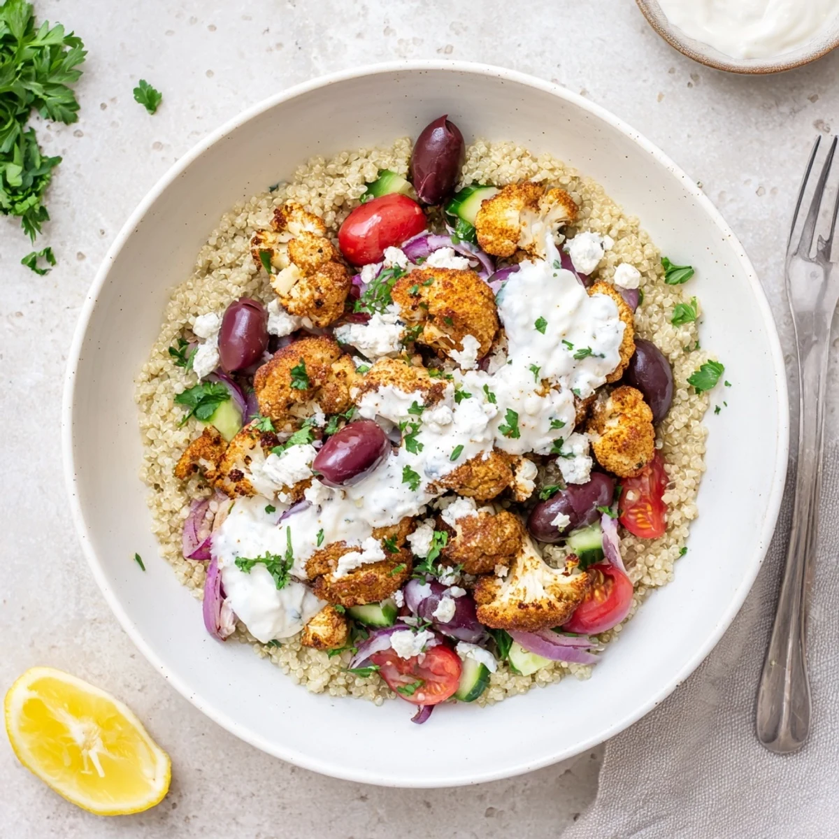 Colorful Greek cauliflower bowl with juicy cherry tomatoes, crisp cucumbers, and cool tzatziki sauce