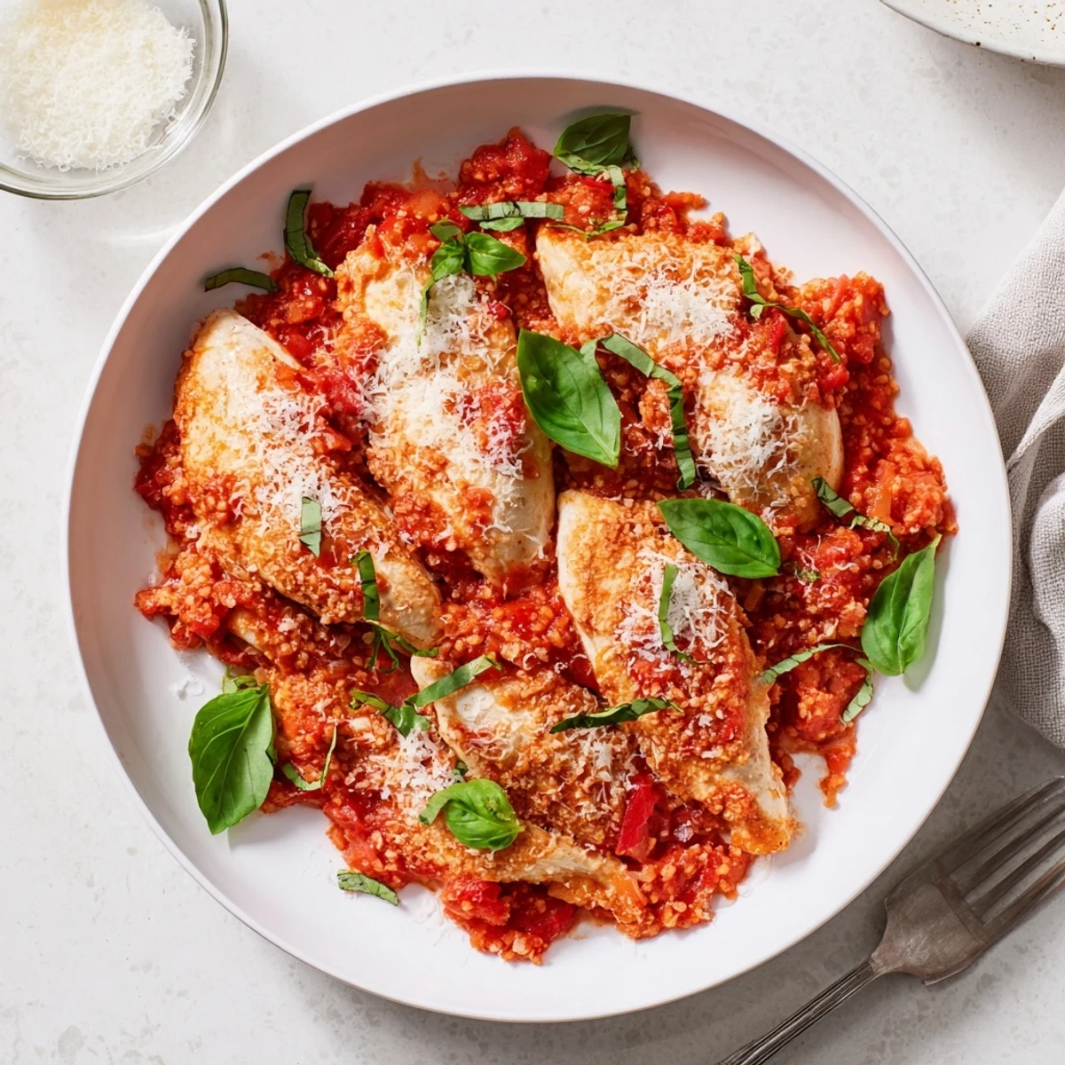 Golden seared Chicken Pomodoro Delight swimming in rich, fragrant tomato basil sauce