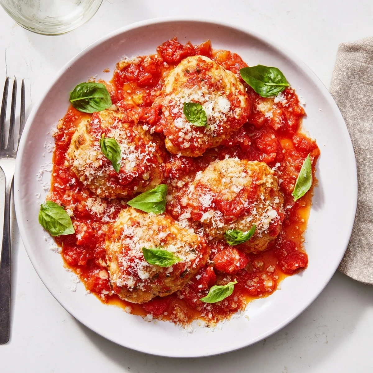 Juicy braised Chicken Pomodoro Delight topped with melted Parmesan and fresh basil