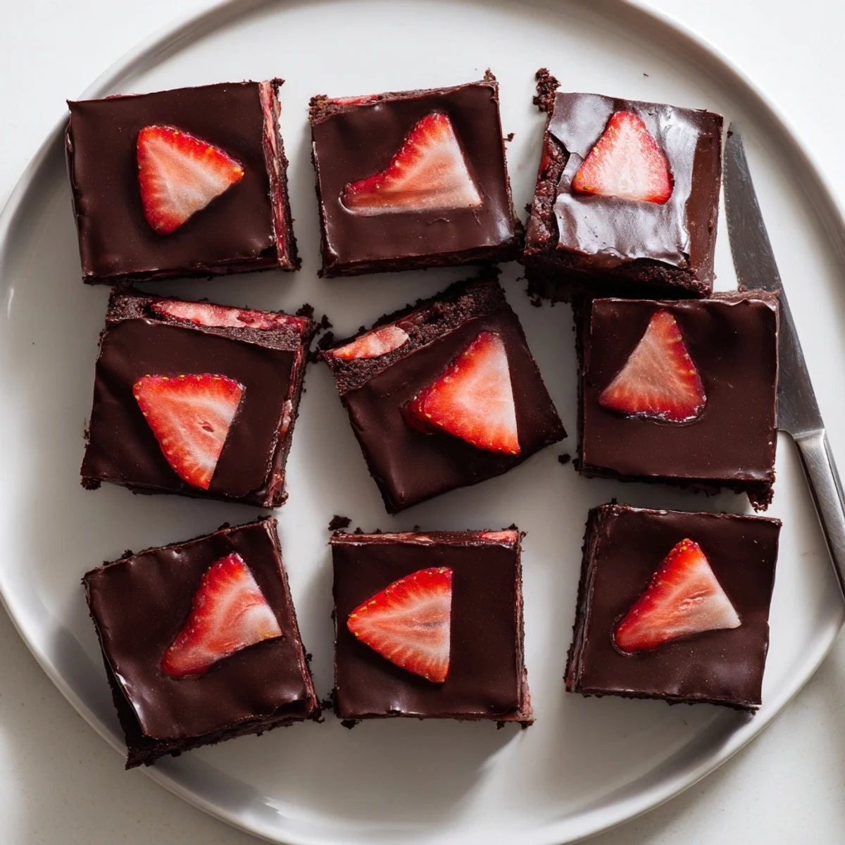 Chocolate Covered Strawberry Brownies with a glossy shell sliced into fudgy squares on a rustic cutting board