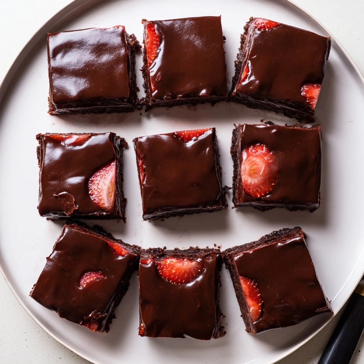 A pan of Chocolate Covered Strawberry Brownies topped with juicy red berries and smooth chocolate ganache