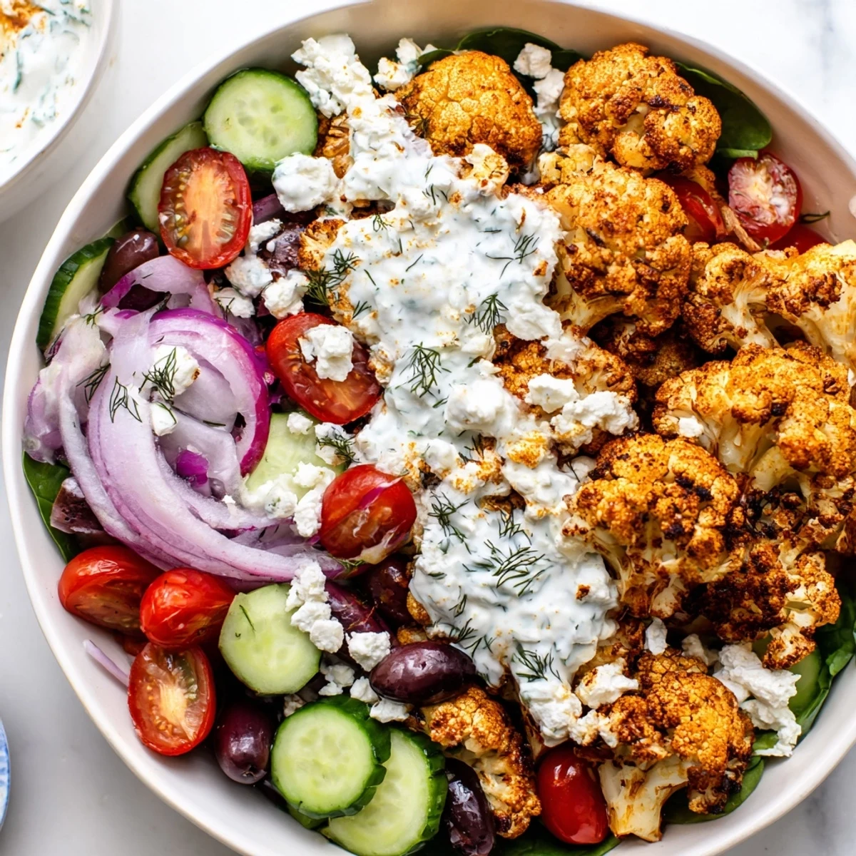 Golden roasted Greek cauliflower bowl topped with crumbled feta and fresh dill