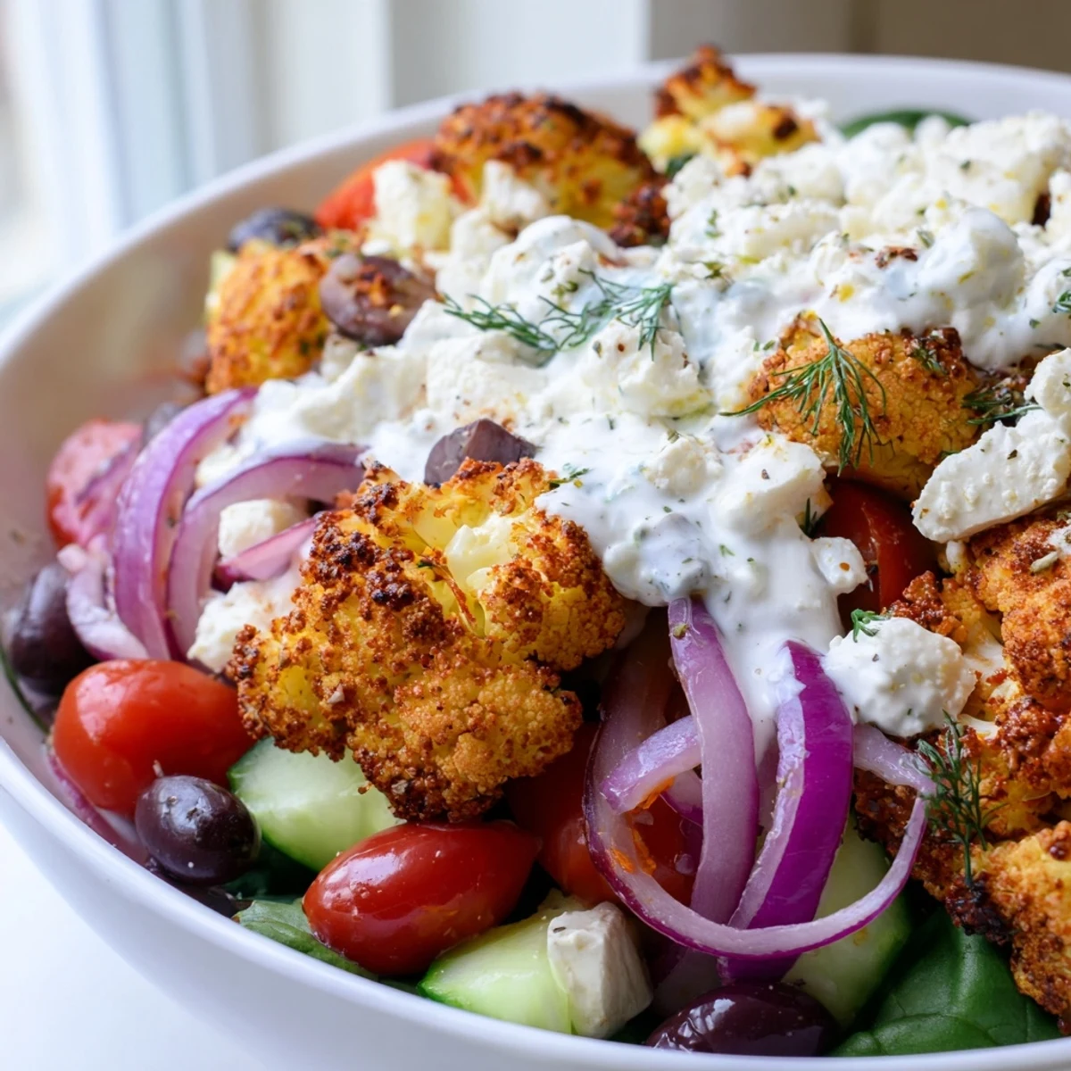 Vibrant Greek cauliflower bowl with cherry tomatoes, tzatziki drizzle, and tender greens