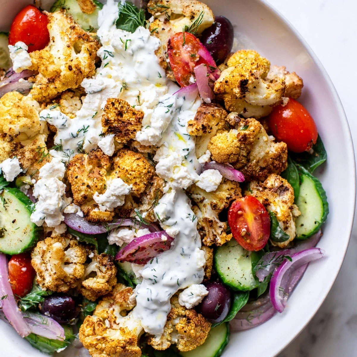 Creamy tzatziki cascading over a warm Greek cauliflower bowl with colorful Mediterranean vegetables