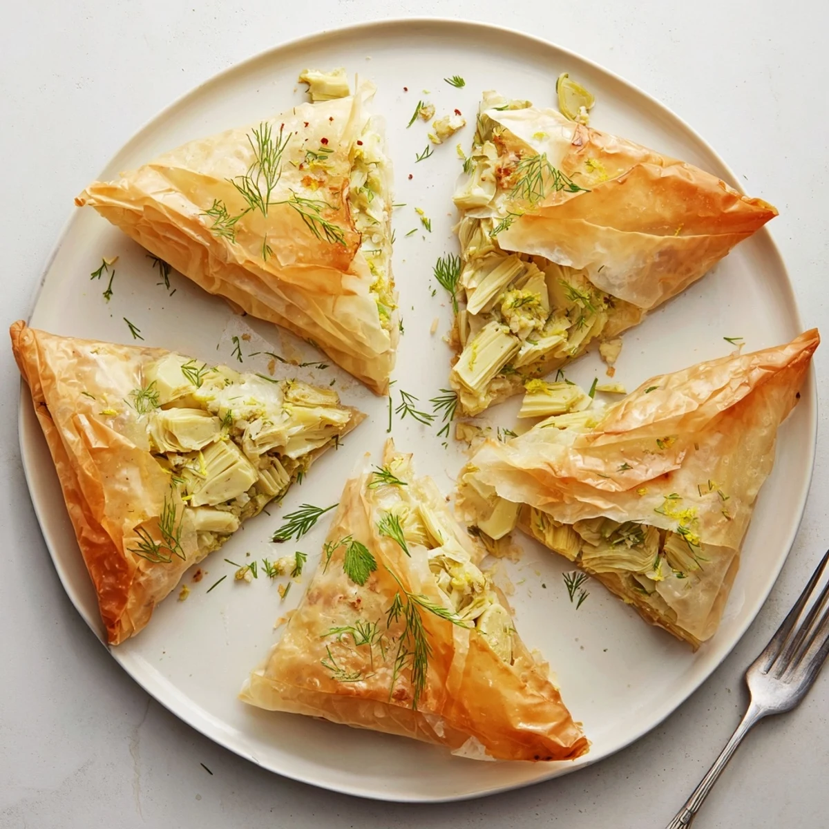 Golden artichoke and Graviera filo puffs with crispy, flaky pastry fresh from the oven