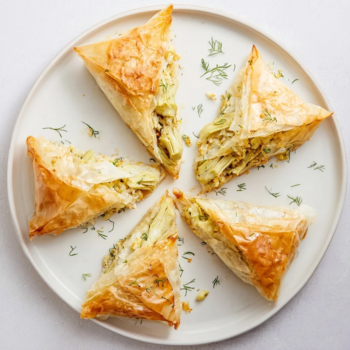 Buttery artichoke and Graviera filo puffs with herb-flecked filling served as a Greek appetizer
