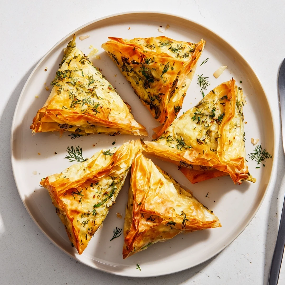 Artichoke and Graviera filo puffs arranged on a platter, oozing melted cheese inside
