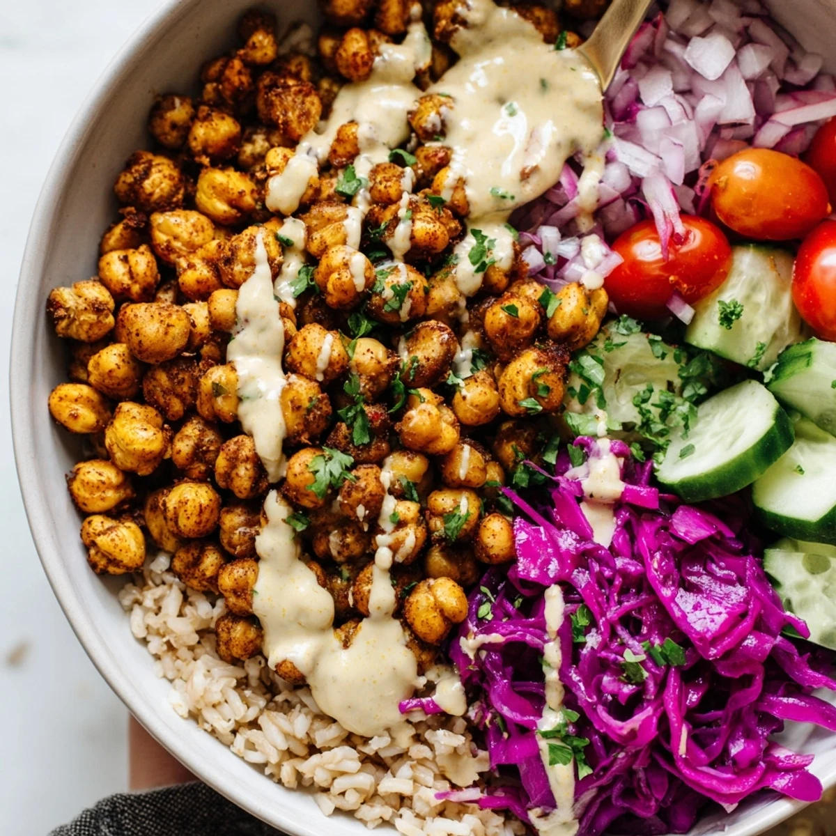 Golden spiced chickpea shawarma bowl drizzled with creamy tahini sauce and fresh vegetables