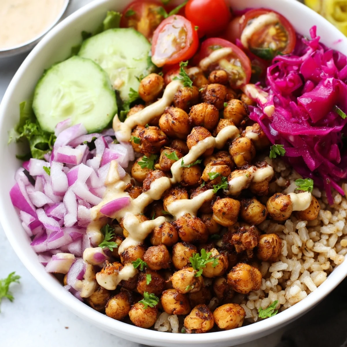 Vibrant chickpea shawarma bowl with crispy roasted chickpeas, crunchy pickled cabbage, and herbs