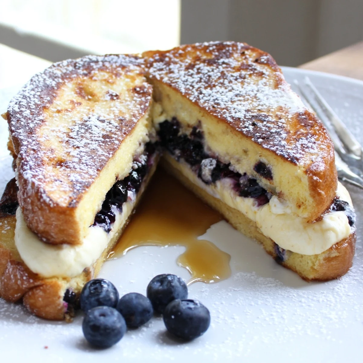 Golden brown blueberry cheesecake stuffed French toast dusted with powdered sugar on a white plate
